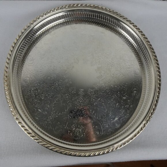Vintage Silverplate Round Serving Tray 15 inch Diameter Reticulated - Picture 2 of 11